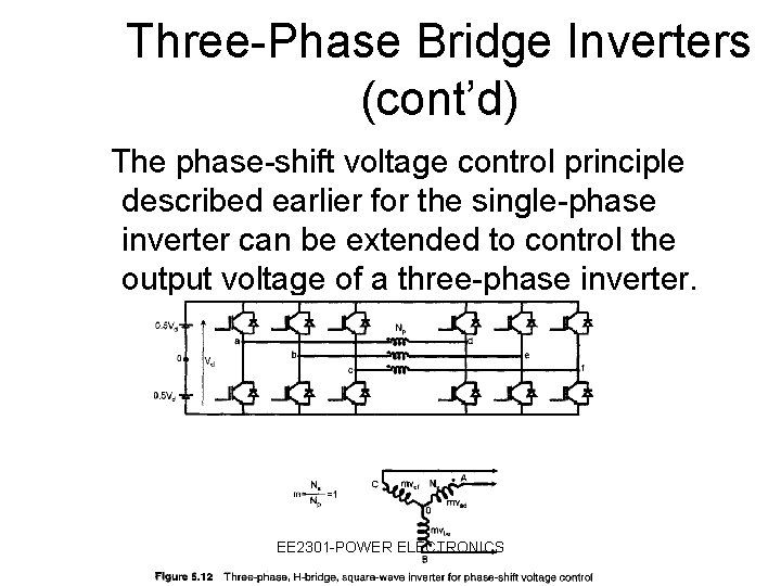 Three-Phase Bridge Inverters (cont’d) The phase-shift voltage control principle described earlier for the single-phase