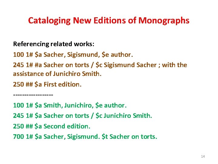 Cataloging New Editions of Monographs Referencing related works: 100 1# $a Sacher, Sigismund, $e