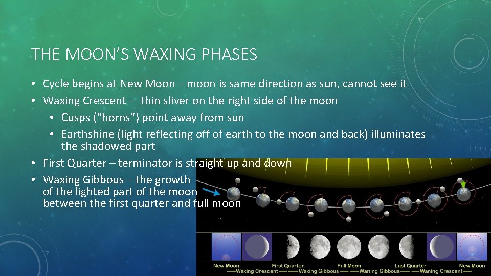 THE MOON’S WAXING PHASES • Cycle begins at New Moon – moon is same