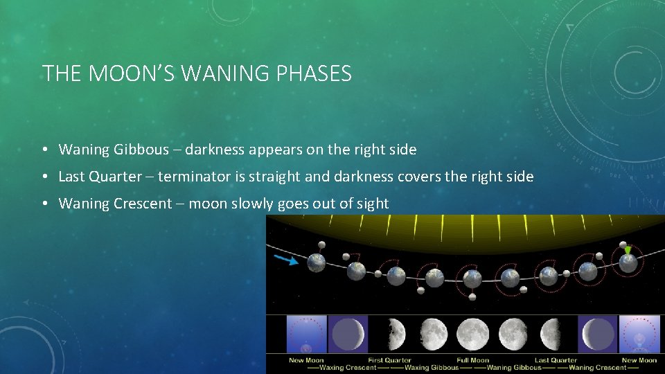 THE MOON’S WANING PHASES • Waning Gibbous – darkness appears on the right side