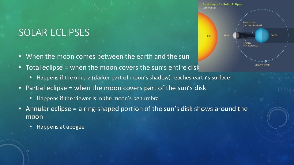 SOLAR ECLIPSES • When the moon comes between the earth and the sun •
