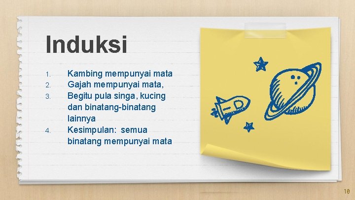Induksi 1. 2. 3. 4. Kambing mempunyai mata Gajah mempunyai mata, Begitu pula singa, Induksi 1. 2. 3. 4. Kambing mempunyai mata Gajah mempunyai mata, Begitu pula singa,