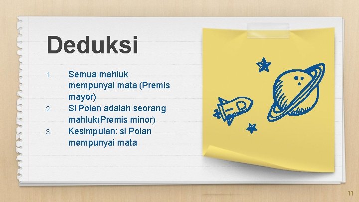 Deduksi 1. 2. 3. Semua mahluk mempunyai mata (Premis mayor) Si Polan adalah seorang Deduksi 1. 2. 3. Semua mahluk mempunyai mata (Premis mayor) Si Polan adalah seorang
