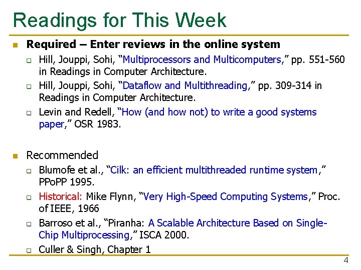 Readings for This Week n Required – Enter reviews in the online system q