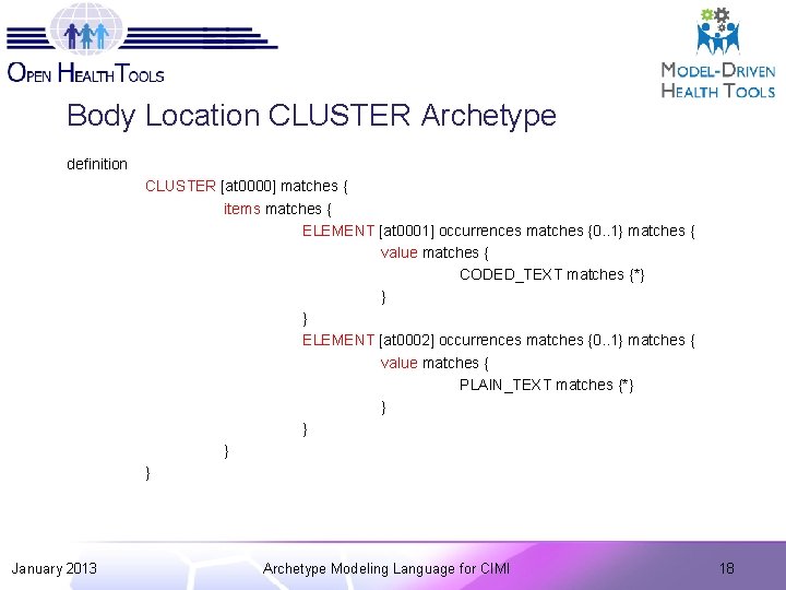Body Location CLUSTER Archetype definition CLUSTER [at 0000] matches { items matches { ELEMENT