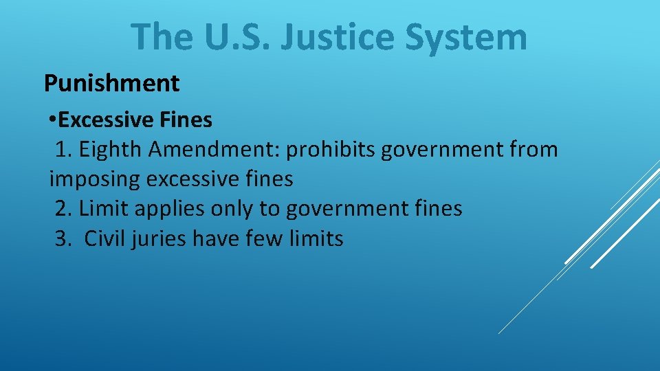 The U. S. Justice System Punishment • Excessive Fines 1. Eighth Amendment: prohibits government