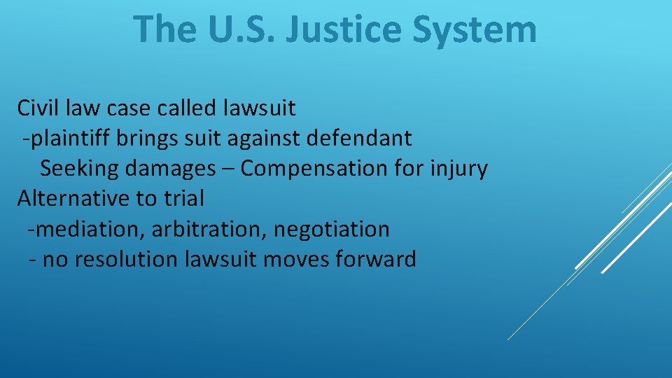 The U. S. Justice System Civil law case called lawsuit -plaintiff brings suit against