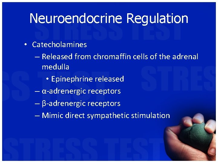 Neuroendocrine Regulation • Catecholamines – Released from chromaffin cells of the adrenal medulla •