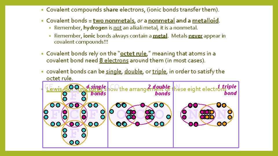  • Covalent compounds share electrons, (ionic bonds transfer them). • Covalent bonds =