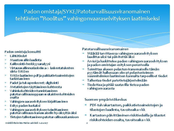 Padon omistaja/SYKE/Patoturvallisuusviranomainen tehtävien ”Roolitus” vahingonvaaraselvityksen laatimiseksi Padon omistaja/konsultti Lähtötiedot Maastomallin laadinta Kalibrointi+herkkyysanalyysi Virtausmallinnuslaskelma=> laskentatulosten