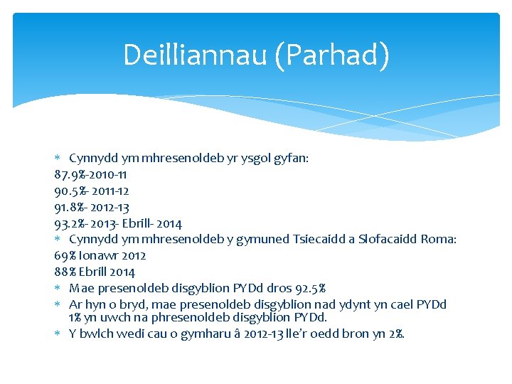 Deilliannau (Parhad) Cynnydd ym mhresenoldeb yr ysgol gyfan: 87. 9%-2010 -11 90. 5%- 2011