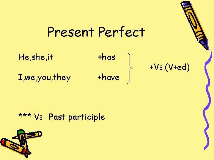 Present Perfect He, she, it +has I, we, you, they +have *** V 3
