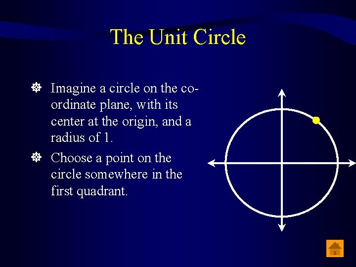 The Unit Circle Imagine a circle on the coordinate plane, with its center at