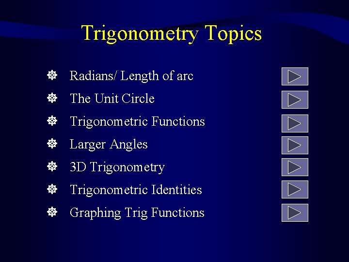 Trigonometry Topics Radians/ Length of arc The Unit Circle Trigonometric Functions Larger Angles 3