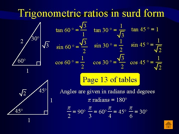 Trigonometric ratios in surd form 3 tan 60 º = 1 3 sin 60