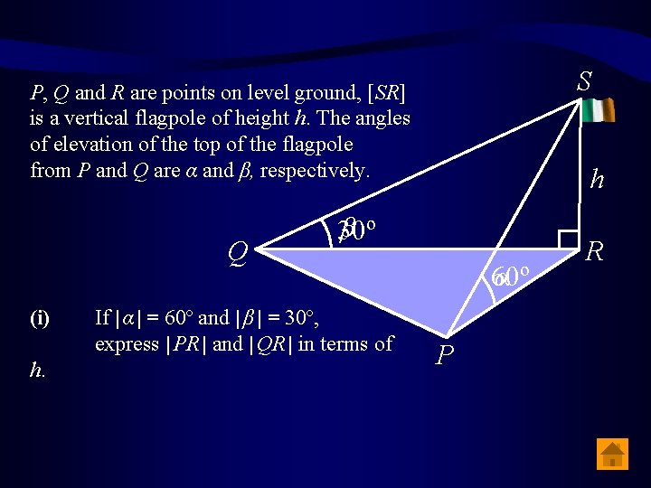 S P, Q and R are points on level ground, [SR] is a vertical