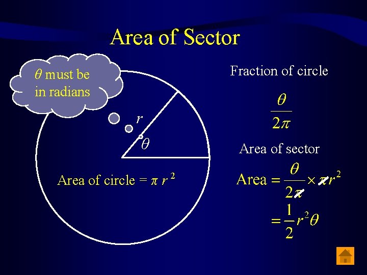 Area of Sector Fraction of circle θ must be in radians r θ Area