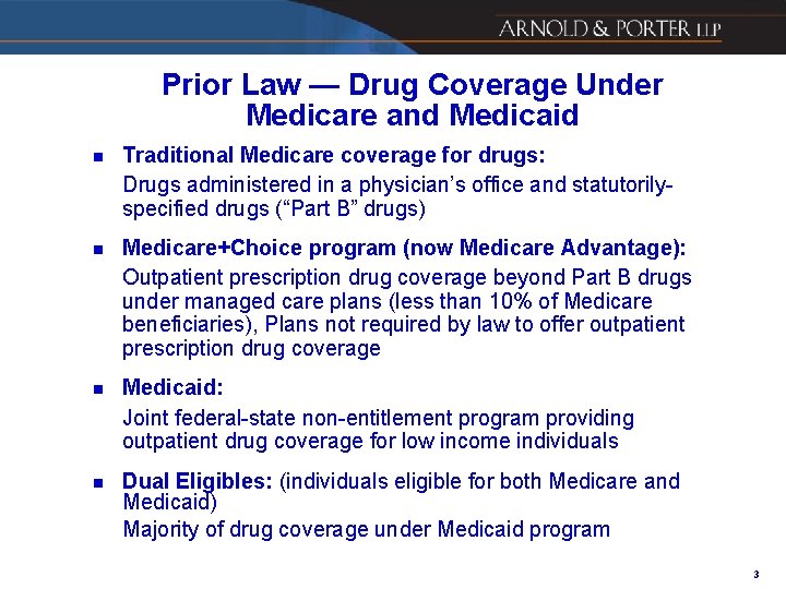 Prior Law — Drug Coverage Under Medicare and Medicaid n Traditional Medicare coverage for