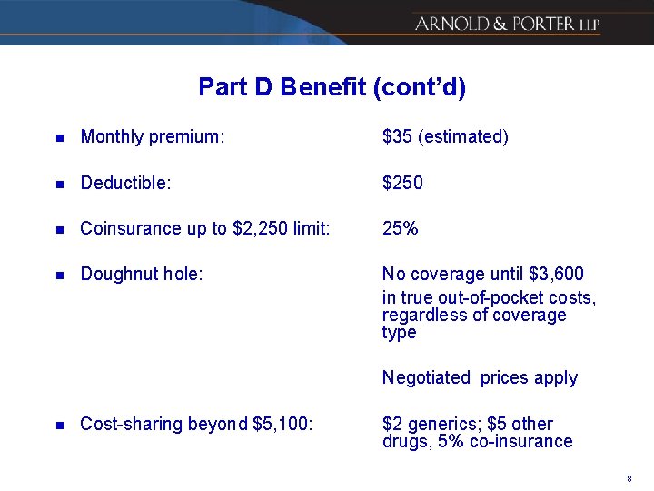 Part D Benefit (cont’d) n Monthly premium: $35 (estimated) n Deductible: $250 n Coinsurance