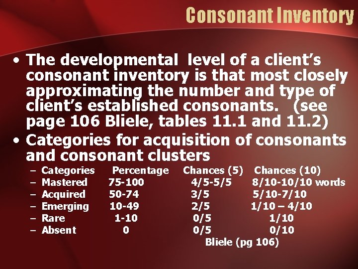 Consonant Inventory • The developmental level of a client’s consonant inventory is that most