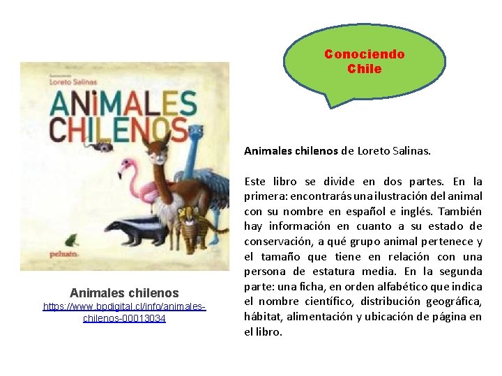 Conociendo Chile Animales chilenos de Loreto Salinas. Animales chilenos https: //www. bpdigital. cl/info/animaleschilenos-00013034 Este