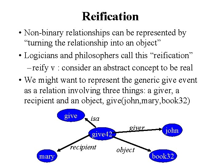 Reification • Non-binary relationships can be represented by “turning the relationship into an object”