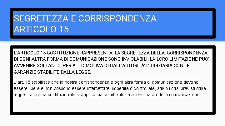 SEGRETEZZA E CORRISPONDENZA ARTICOLO 15 L’ARTICOLO 15 COSTITUZIONE RAPPRESENTA LA SEGRETEZZA DELLA CORRISPONDENZA DI