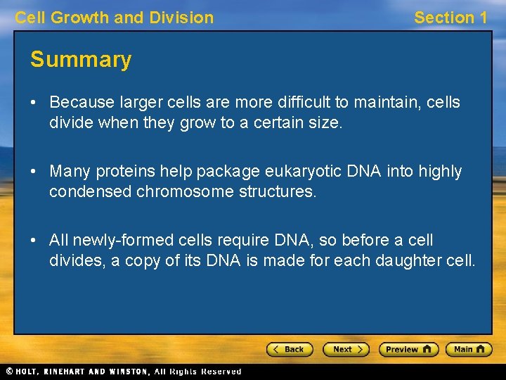 Cell Growth and Division Section 1 Summary • Because larger cells are more difficult