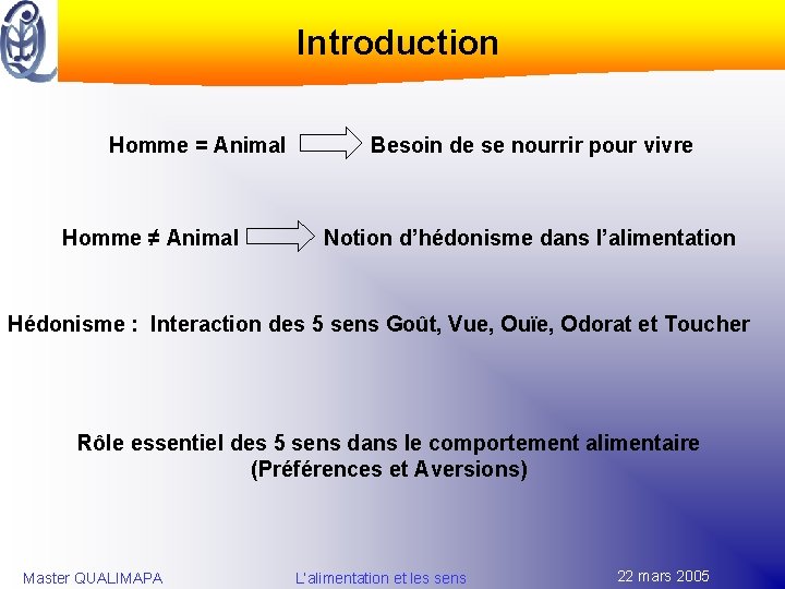 Introduction Homme = Animal Homme ≠ Animal Besoin de se nourrir pour vivre Notion