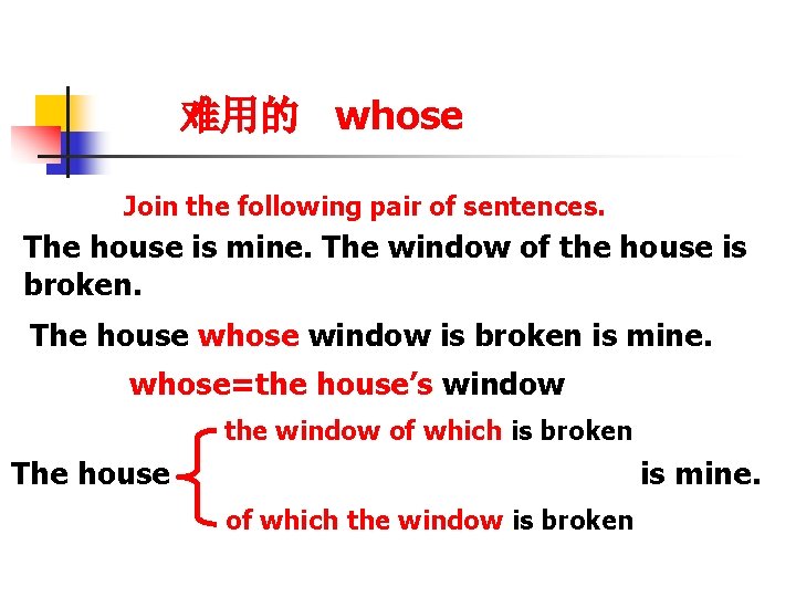 难用的 whose Join the following pair of sentences. The house is mine. The window