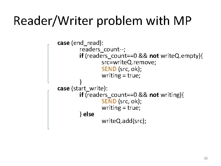 Reader/Writer problem with MP case (end_read): readers_count--; if (readers_count==0 && not write. Q. empty){