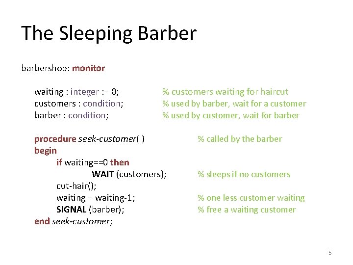 The Sleeping Barber barbershop: monitor waiting : integer : = 0; customers : condition;