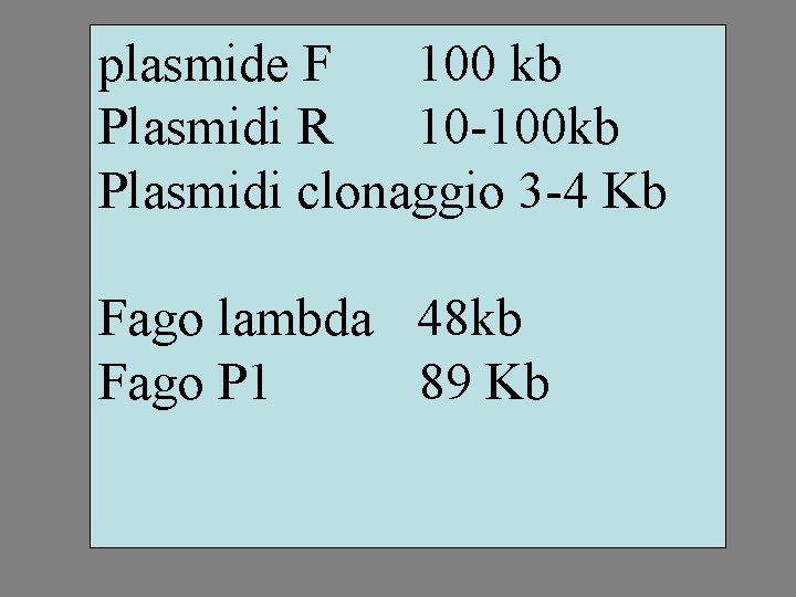 plasmide F 100 kb Plasmidi R 10 -100 kb Plasmidi clonaggio 3 -4 Kb