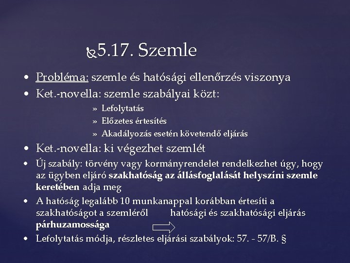 5. 17. Szemle • Probléma: szemle és hatósági ellenőrzés viszonya • Ket. -novella: szemle