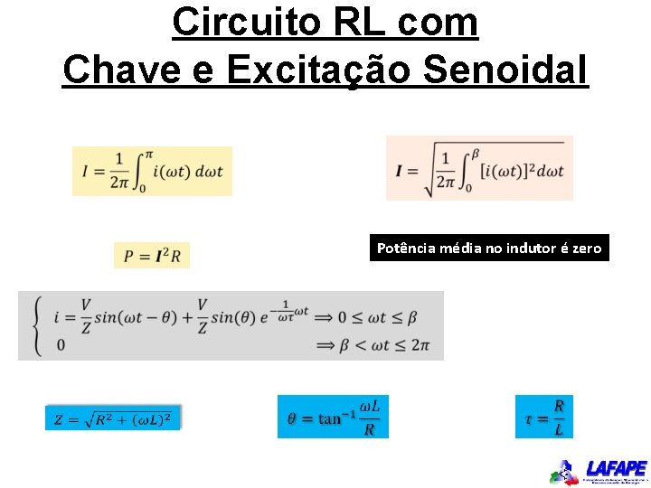 Circuito RL com Chave e Excitação Senoidal Potência média no indutor é zero 