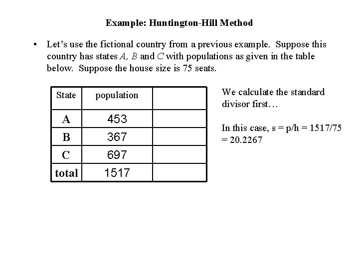 Example: Huntington-Hill Method • Let’s use the fictional country from a previous example. Suppose