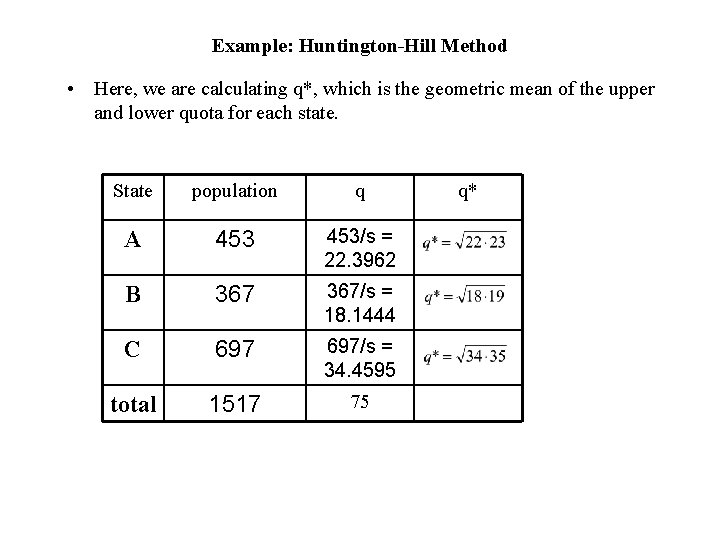 Example: Huntington-Hill Method • Here, we are calculating q*, which is the geometric mean