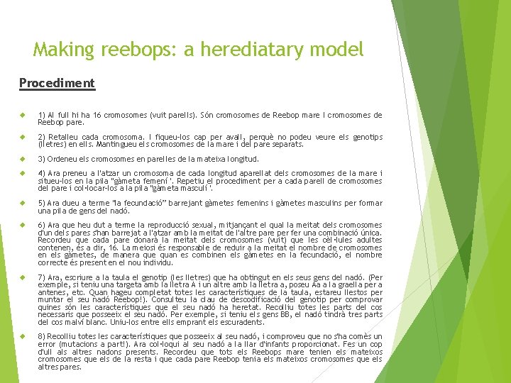 Making reebops: a herediatary model Procediment 1) Al full hi ha 16 cromosomes (vuit