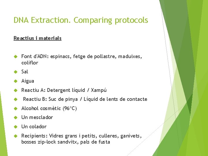 DNA Extraction. Comparing protocols Reactius i materials Font d'ADN: espinacs, fetge de pollastre, maduixes,