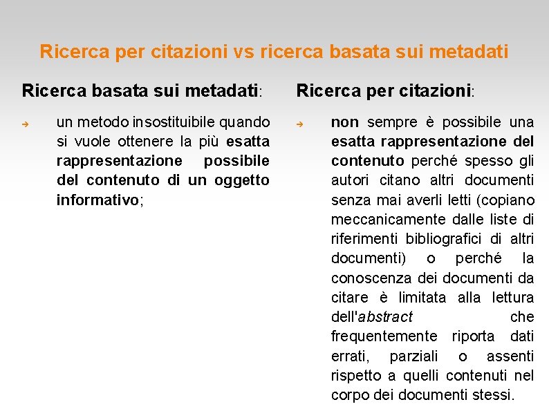 Ricerca per citazioni vs ricerca basata sui metadati Ricerca basata sui metadati: un metodo