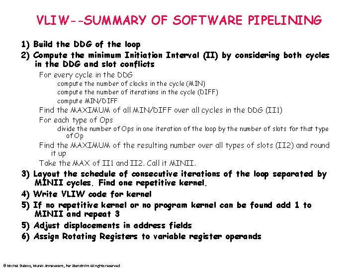 VLIW--SUMMARY OF SOFTWARE PIPELINING 1) Build the DDG of the loop 2) Compute the