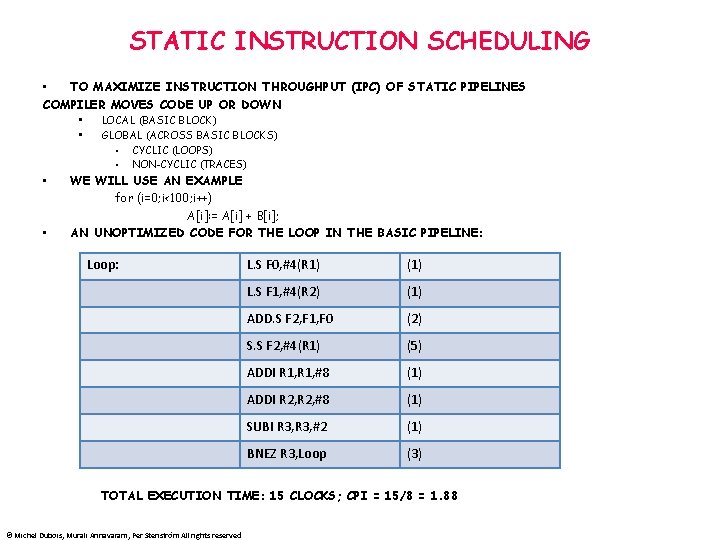 STATIC INSTRUCTION SCHEDULING • TO MAXIMIZE INSTRUCTION THROUGHPUT (IPC) OF STATIC PIPELINES COMPILER MOVES