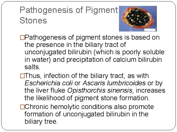 Pathogenesis of Pigment Stones �Pathogenesis of pigment stones is based on the presence in Pathogenesis of Pigment Stones �Pathogenesis of pigment stones is based on the presence in