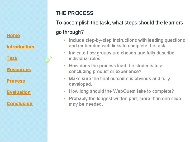 THE PROCESS To accomplish the task, what steps should the learners Home Introduction Task