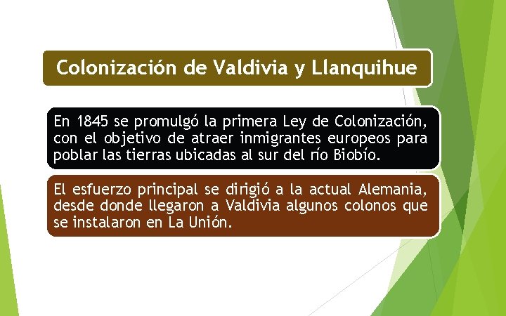 Colonización de Valdivia y Llanquihue En 1845 se promulgó la primera Ley de Colonización,