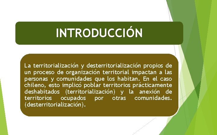 INTRODUCCIÓN La territorialización y desterritorialización propios de un proceso de organización territorial impactan a