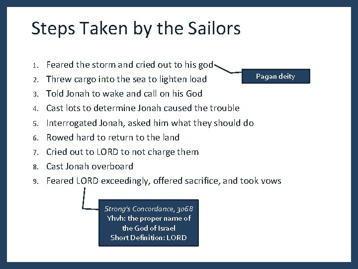 Steps Taken by the Sailors 1. 2. 3. 4. 5. 6. 7. 8. 9.