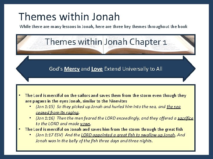 Themes within Jonah While there are many lessons in Jonah, here are three key