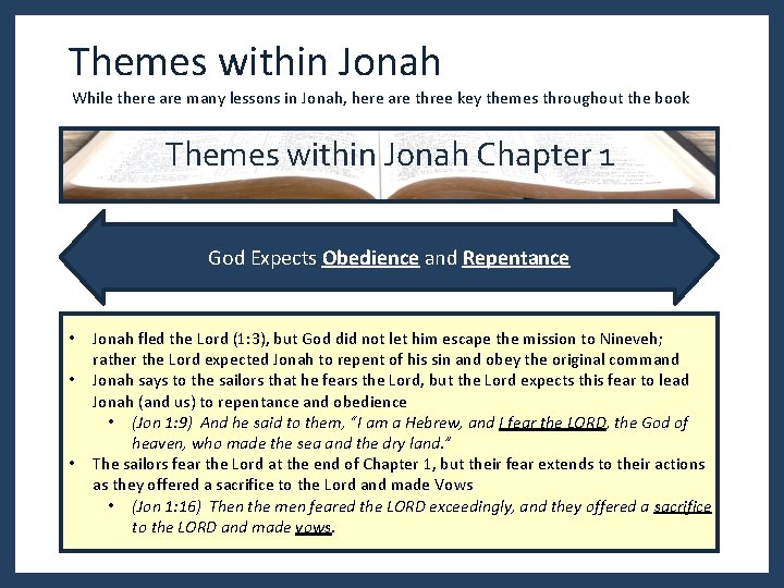 Themes within Jonah While there are many lessons in Jonah, here are three key