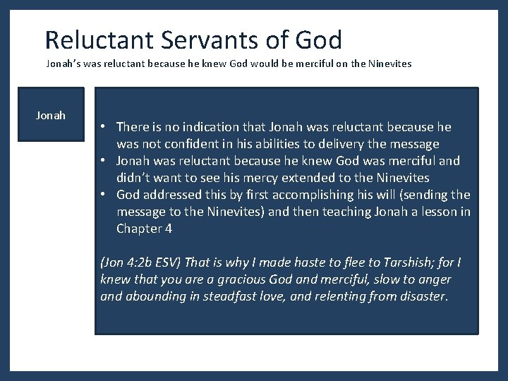 Reluctant Servants of God Jonah’s was reluctant because he knew God would be merciful